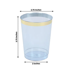 25-Pack Plastic Tumbler Cups Transparent Dusty Blue with Gold Rim - Stylish Disposable Party Glasses 10oz