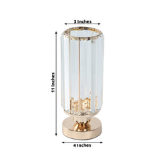 2 Pack 11" Crystal Pendant Hurricane Candle Holders in Gold, Elegant Cylinder Design for Pillar Candles, Short-Stemmed, Decorative Table Centerpieces