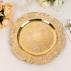 6-Pack Acrylic Round Charger Plates 13" in Gold Floral Embossed with Scalloped Rim, Plastic Decorative Charger Tableware