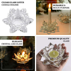 2 Pack Clear 4.5" Crystal Glass Lotus Flower Votive Candle Holders, Tealight Taper Candle Stands