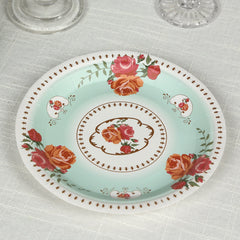 25-Pack Paper 7" Round Dessert Plates in Turquoise with Vintage Rose Flower Print - Disposable Appetizer Salad Plates