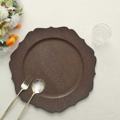 6-Pack Acrylic Round Charger Plates 13" in Rustic Brown with Wood Grain Scalloped Rim, Decorative Dinner Party Charger Tableware