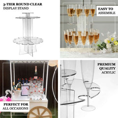 3-Tier Round Champagne Glass Holder Tower Clear Acrylic - Flute Display Rack Cocktail Tree Stand Holds 23 Stemware + 1 Bottle for Professional & Home Use 21"