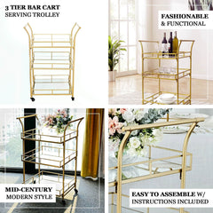 Gold Metal Bar Cart with Mirror Serving Trays 3-Tier - Teacart Island Trolley for Parties 3ft
