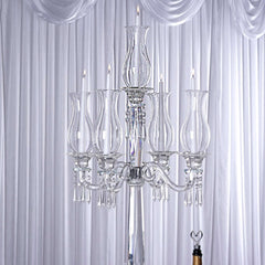 5 Arm Crystal Glass Taper Candle Holder Candelabra, Luxurious Table Centerpiece With Chandelier Chains 40"