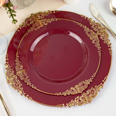10-Pack Plastic 8" Round Dessert Plates in Burgundy with Gold Leaf Embossed Rim - Disposable Vintage Baroque Style Salad Plates for Luxurious Gatherings & Events