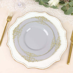 10-Pack Plastic 8" Round Dessert Plates in Gray with Gold Leaf Embossed Rim - Disposable Vintage Baroque Style Salad Plates
