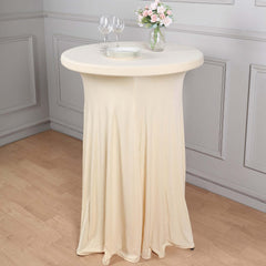 Spandex 32" Round Cocktail Table Cover Skirt Beige With Natural Wavy Drapes