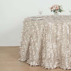 Taffeta 120" Round Tablecloth Beige 3D | 3D Leaf Petal Design Seamless Table Cover for Chic Wedding & Event Decor