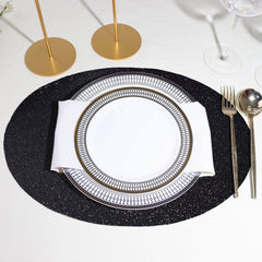 6-Pack Placemats Glitter Design Black Sparkle Oval - Non-Slip Decorative Table Mats for Dining 12"x18"