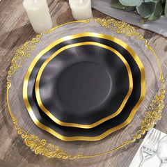 25-Pack Paper Round Dessert Plates 8" Matte Black with Gold Wavy Rim - Disposable 350GSM Salad Plates