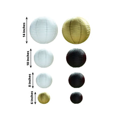 Set of 8 Mixed Black Gold Hanging Paper Lanterns, Decorative Round Chinese Sky Lanterns, Assorted Sizes - 6",8",10",14"