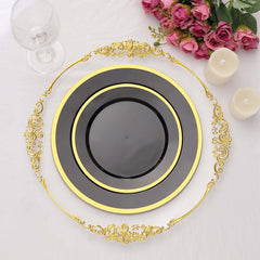 10-Pack Plastic 7" Round Appetizer Plates in Black with Gold Rim - Sleek Disposable Salad Plates for Banquets & Special Occasions