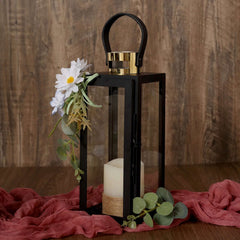 14" Black and Gold Top Stainless Steel Candle Lantern Centerpiece Outdoor Metal Patio Lantern