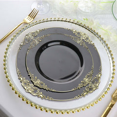 10-Pack Plastic 8" Round Dessert Plates in Black with Gold Leaf Embossed Rim - Disposable Vintage Baroque Style Salad Plates