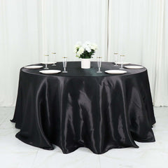 Satin 132" Round Tablecloth Black - Stylish Seamless Table Cover for Weddings & Events