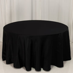 Lamour Satin 120" Round Tablecloth Black - Seamless Table Cover with Soft Tempered Sheen for Upscale Gatherings