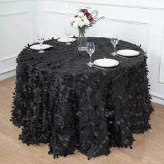 Taffeta 120" Round Tablecloth Black Leaf | 3D Leaf Petal Design Seamless Table Cover