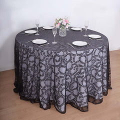 Tulle 120" Round Tablecloth Black - Seamless Sequin Leaf Embroidered Table Cover