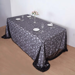 Tulle 90"x156" Rectangle Tablecloth Black - Sequin Leaf Embroidered Table Cover
