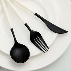 24-Pack Plastic Flatware Set in Black with Ivory Handle - Heavy Duty Disposable Modern Silverware 8"