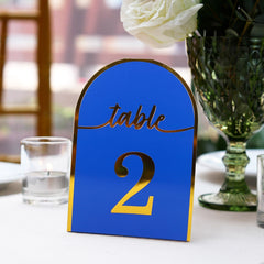 25-Pack Paper Wedding Table Numbers 1-25 Royal Blue Arch Cutout Design - Sleek & Modern Free Standing Double Sided Table Tent Cards with Metallic Gold Foil Numbers 7"