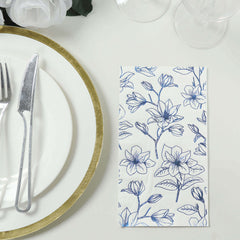 50-Pack Paper Dinner Napkins White with Blue Magnolia Flowers Print 2-Ply - Disposable Soft Napkins for Parties