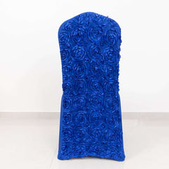 Satin Rosette Chair Cover for Banquet Chairs Royal Blue - Stretch Fitted Slip-On Slipcover