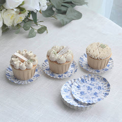 100-Pack Paper 3.5" Round Plates in White with Blue French Toile Design & Scalloped Rim - Disposable Mini 250GSM Dessert Party Plates for Tapas, Appetizers & Finger Foods