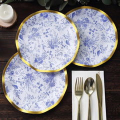 25-Pack Paper Round Dessert Plates 8" in White with Blue French Toile Pattern & Gold Wavy Rim - Disposable 350GSM Salad Plates
