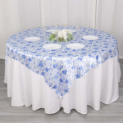 Satin 72"x72" Table Overlay Square Tablecloth White Blue - French Toile Floral Design for Stylish Celebrations