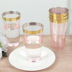 12-Pack Plastic Party Cups Transparent Blush with Gold Rim - Durable Disposable Tumblers for Drinks 17oz 5.5"