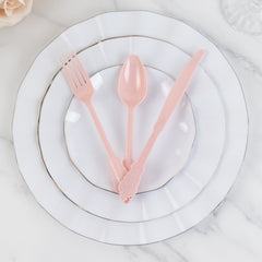72 Pcs Plastic Silverware Set in Baroque Style Blush - Heavy Duty Disposable Knife, Fork, and Spoon Set