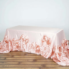 90"x156" Blush Seamless Large Rosette Rectangular Satin Tablecloth for 8 Foot Table With Floor-Length Drop