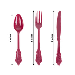 72 Pcs Plastic Silverware Set in Baroque Style Burgundy - Heavy Duty Disposable Knife, Fork, and Spoon Set