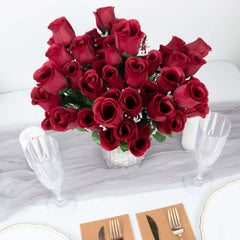 12 Bushes Burgundy Artificial Premium Silk Flower Rose Bud Bouquets