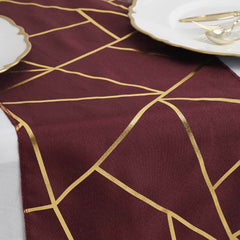 Polyester 9ft Table Runner Burgundy with Gold Foil Modern Geometric Accent