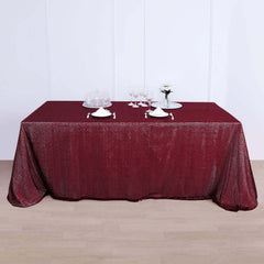 90x156" Burgundy Seamless Sequin Rectangle Tablecloth for 8 Foot Table With Floor-Length Drop