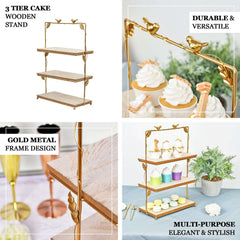 3-Tier Wooden Cheese Board Stand Rectangular Gold/Wood Slice Design - Rustic Cupcake Tower Centerpiece with Assembly Tools 19"