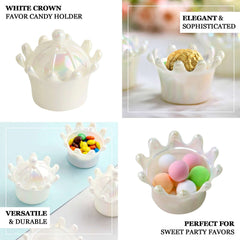 12 Pack 3" White Fillable Mini Crown Treat Favor Boxes, Small Candy Container Gift Boxes With Iridescent Dome Lids