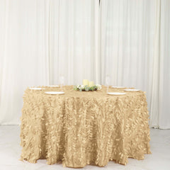 Taffeta 132" Round Tablecloth Champagne Leaf | 3D Leaf Petal Design Seamless Table Cover