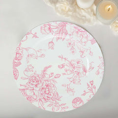 6-Pack Acrylic Round Charger Plates 13" in White with Pink Floral French Toile Pattern, Decorative Dinner Party Charger Tableware
