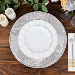 6-Pack Acrylic Round Charger Plates 13" in Metallic Silver Swirl Pattern with Beaded Rim, Plastic Decorative Dinner Party Charger Tableware