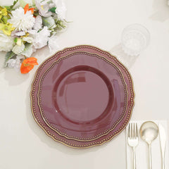10-Pack Plastic Dinner Plates in Cinnamon Rose with Gold Scalloped Rim - Disposable Party Plates 9"
