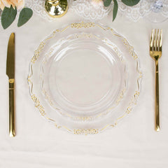 10-Pack Plastic 7" Round Dessert Plates in Clear with Gold Vintage Embossed Rim - Sturdy Disposable Scalloped Edge Salad Plates for Sophisticated Events & Celebrations