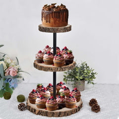 3-Tier Wooden Cheese Board Stand Tower Design Natural Wood Slice - Rustic Cupcake Centerpiece with Assembly Tools 19"