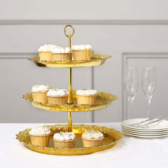 3-Tier Plastic Round Cupcake Stand 15" Metallic Gold with Lace Scalloped Edges - Multifunctional Space Saving Dessert Display Tower Pastry Serving Tray for Classy Events