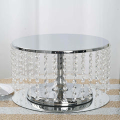 Metal Cake Stand Round Design Metallic Silver with Crystal Chains 14" Dia - Cupcake Dessert Pedestal 8" Tall