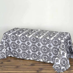 Taffeta 90"x132" Rectangle Tablecloth Black - Seamless Velvet Flocking Damask Design for Upscale Events