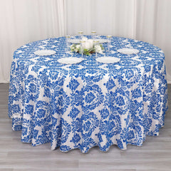 Taffeta 120" Round Tablecloth Royal Blue - Seamless Velvet Flocking Damask Table Cover